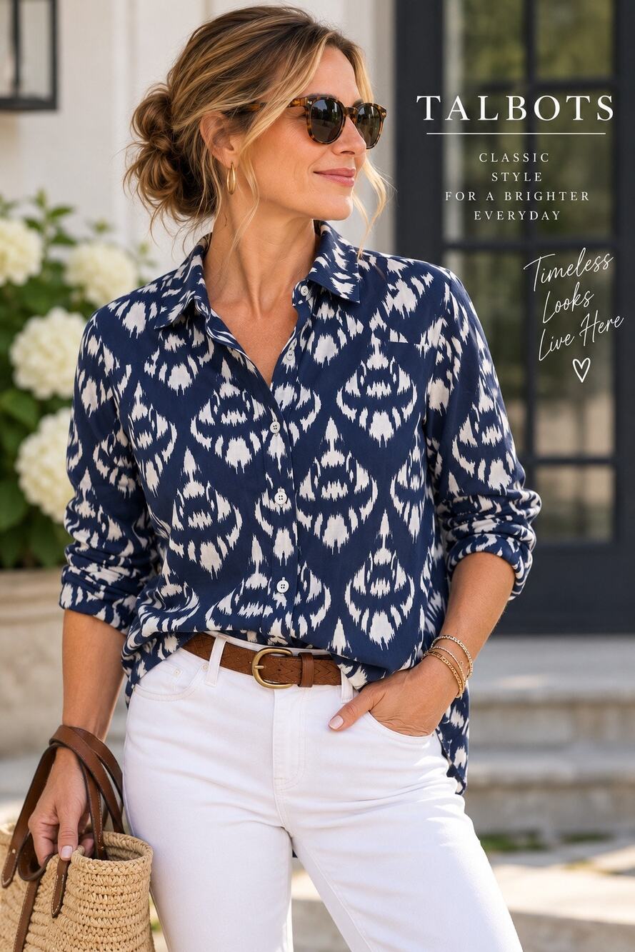 Talbots Womens M Navy White Ikat Print 100% Cotton Button Down Shirt Coastal